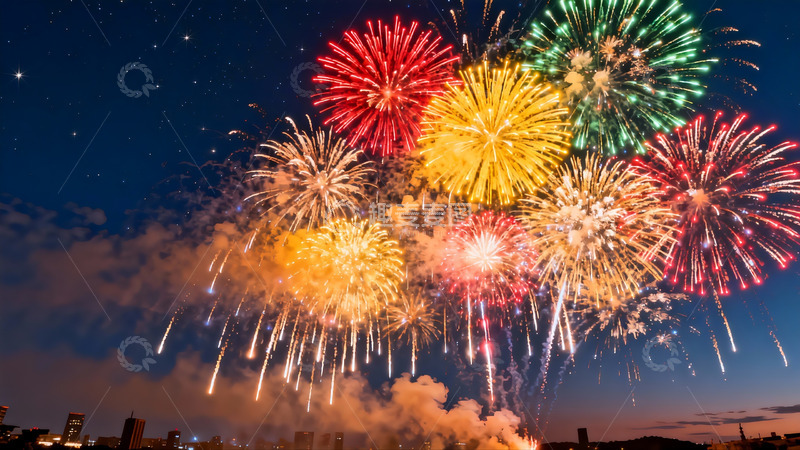 高清大图下载【趣麦麦图】夜空烟花绽放城市夜景