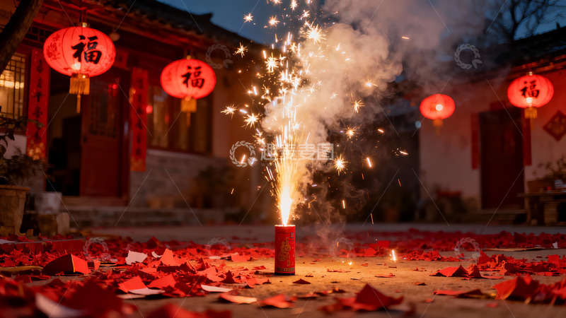 高清大图下载【趣麦麦图】夜庭院烟花绽放红灯笼高挂