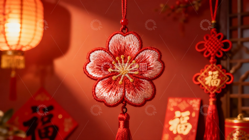高清大图下载【趣麦麦图】红色花形挂饰与福字装饰