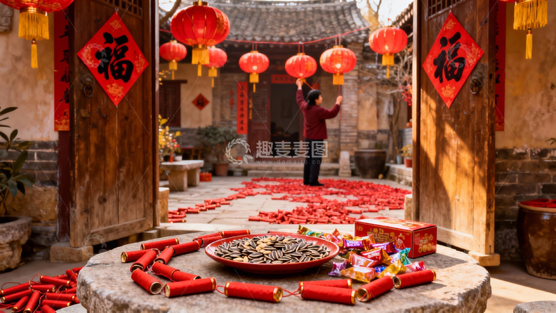 高清大图下载【趣麦麦图】古院挂红灯迎新春