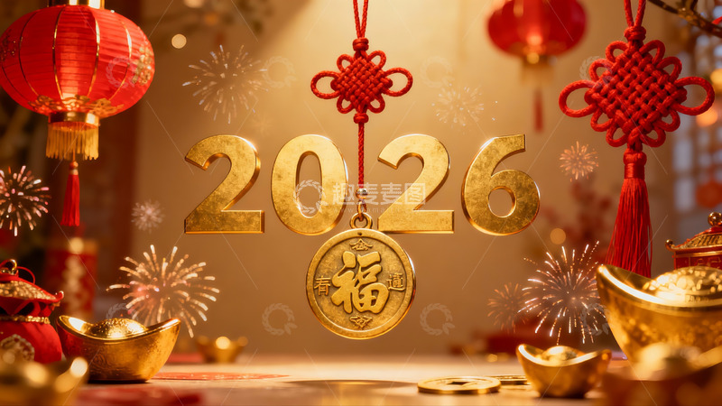 高清大图下载【趣麦麦图】2026新年装饰金元宝红灯笼