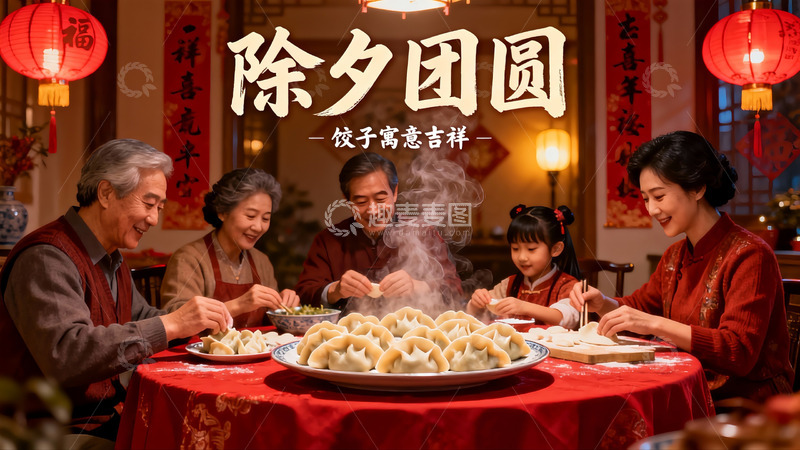高清大图下载【趣麦麦图】除夕团圆饭包饺子