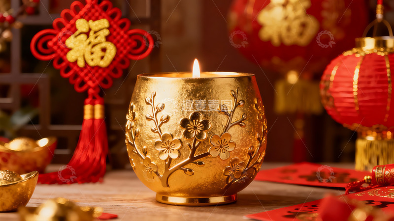 高清大图下载【趣麦麦图】金色烛台与春节装饰品