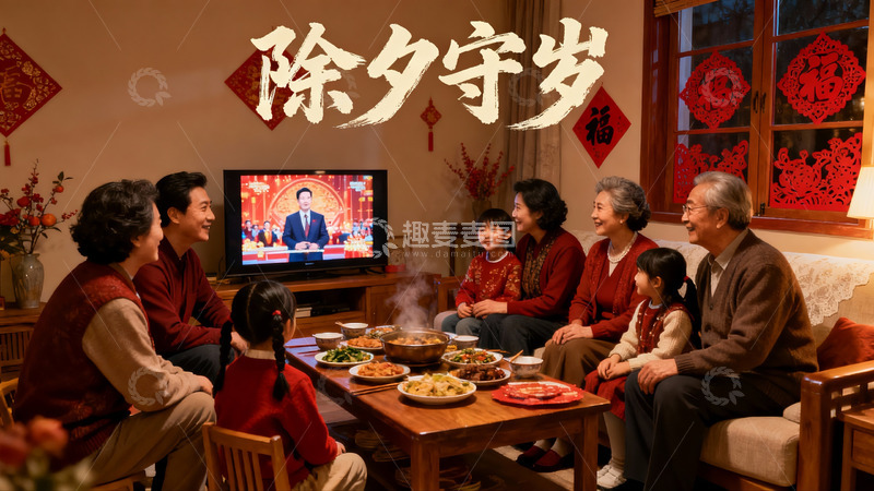 高清大图下载【趣麦麦图】除夕夜家人团聚看电视