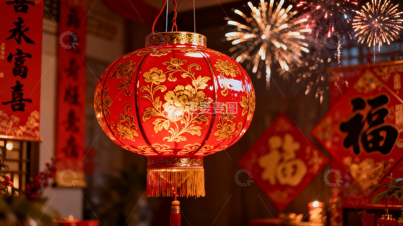 高清大图下载【趣麦麦图】春节灯笼烟花夜景