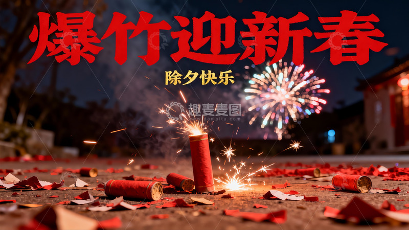 高清大图下载【趣麦麦图】除夕夜爆竹烟花迎新春