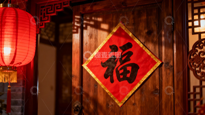高清大图下载【趣麦麦图】中式木门福字灯笼迎新春