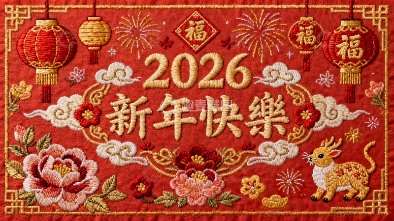 高清大图下载【趣麦麦图】红色刺绣新年祝福图