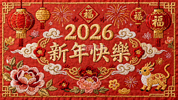 红色刺绣新年祝福图