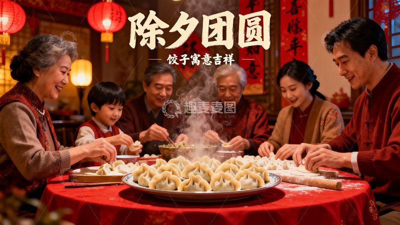 高清大图下载【趣麦麦图】除夕团圆夜包饺子家庭欢聚