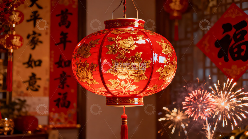 高清大图下载【趣麦麦图】春节灯笼烟花夜景