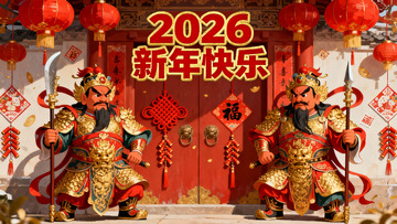 新年门神守护红门喜庆场景