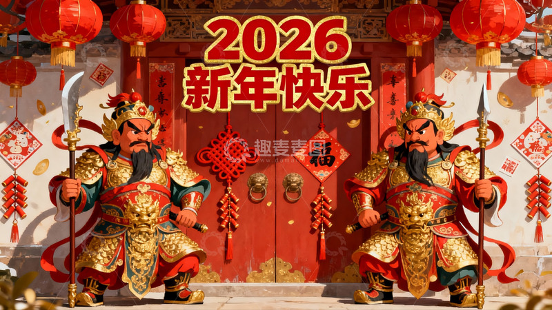 高清大图下载【趣麦麦图】新年门神守护红门喜庆场景