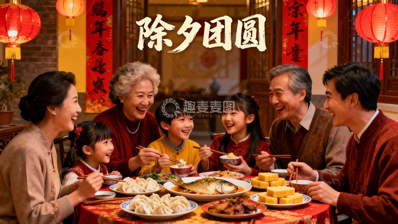 高清大图下载【趣麦麦图】除夕团圆饭家人欢聚一堂