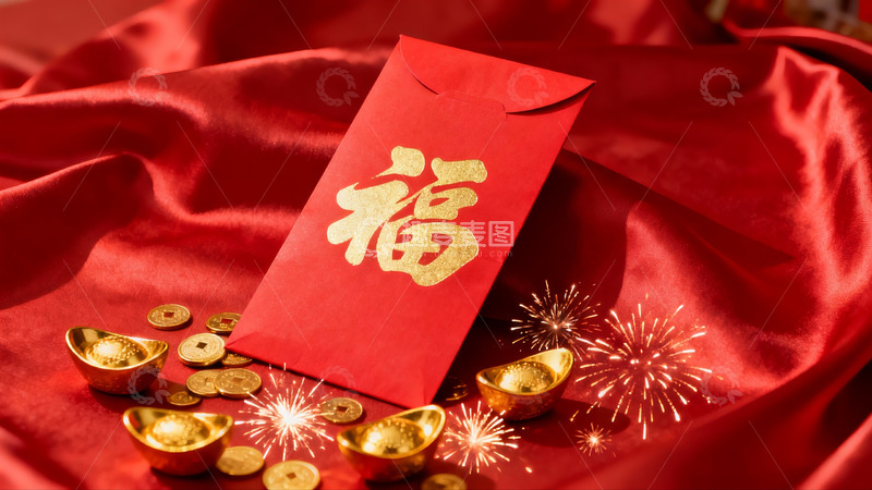 高清大图下载【趣麦麦图】红色红包与金色元宝烟花
