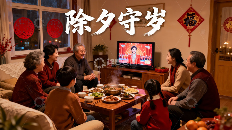 高清大图下载【趣麦麦图】除夕夜家人团聚守岁