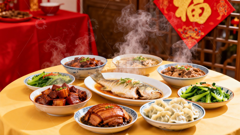 高清大图下载【趣麦麦图】热气腾腾的中式团圆饭