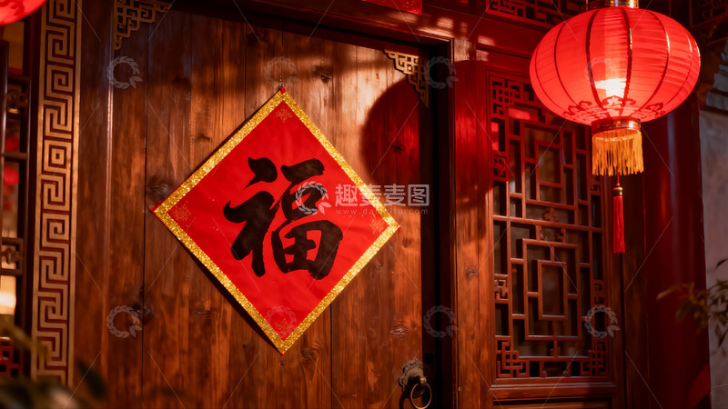 高清大图下载【趣麦麦图】中式门扉挂福字灯笼