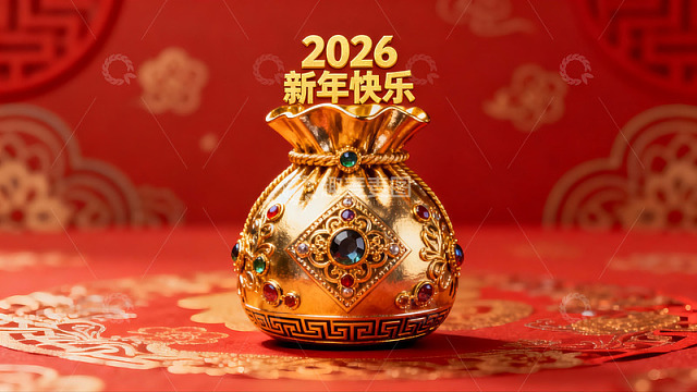 金色新年福袋映衬红色背景