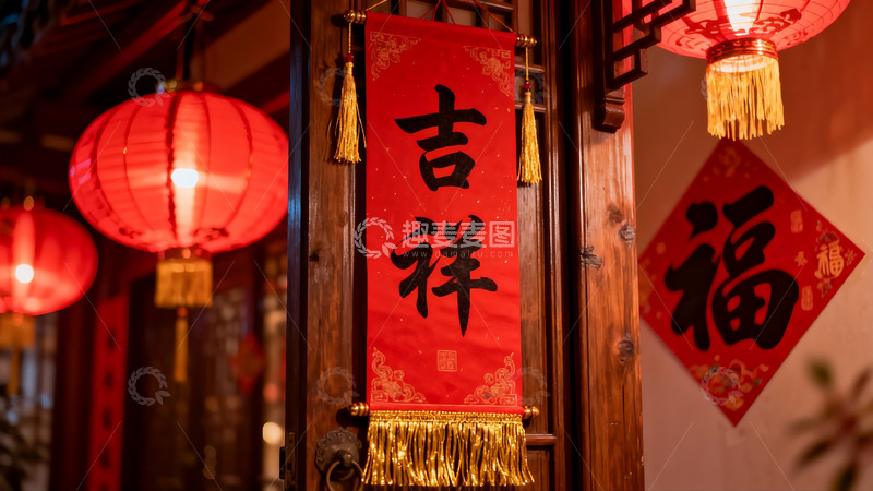 高清大图下载【趣麦麦图】红灯笼与春联装饰的节日门