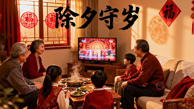 除夕夜家人团聚看电视