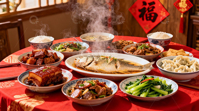 丰盛中式年夜饭热气腾腾