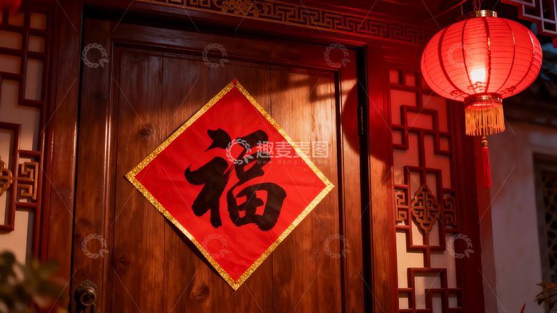 高清大图下载【趣麦麦图】中式门上福字灯笼夜景