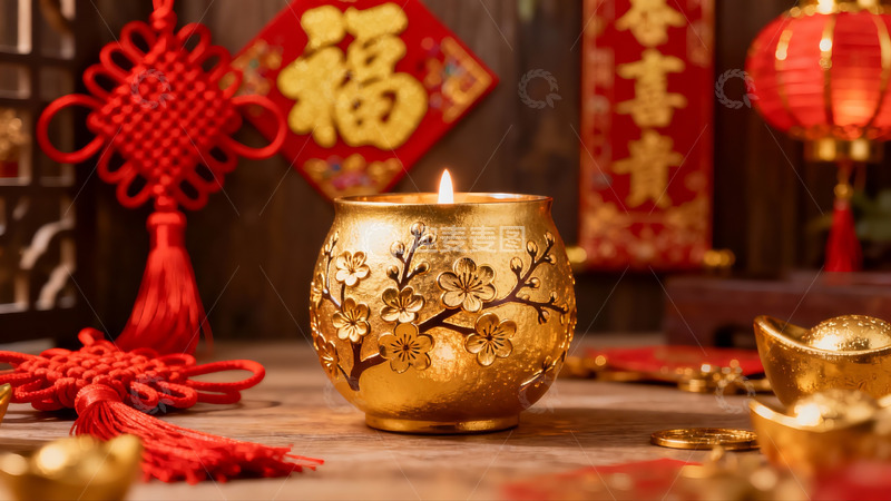 高清大图下载【趣麦麦图】春节装饰中的金色蜡烛与福字