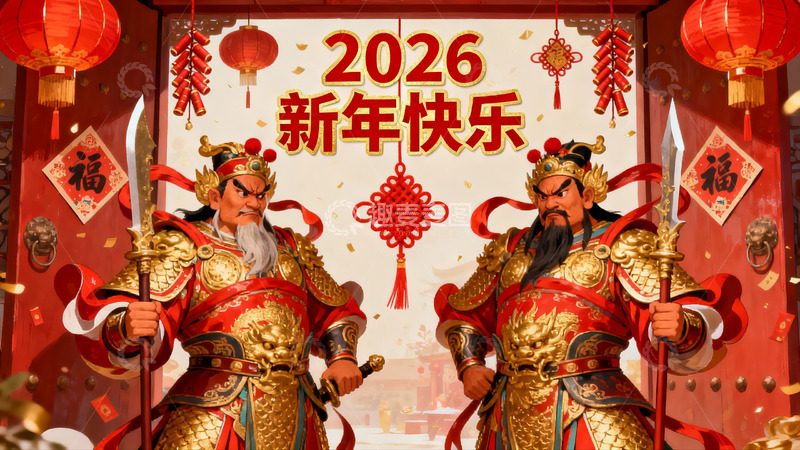 高清大图下载【趣麦麦图】新年快乐门神守护迎新春
