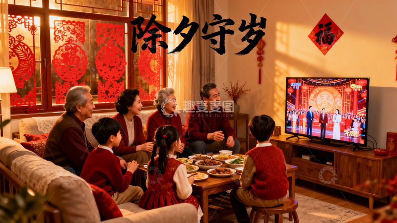 高清大图下载【趣麦麦图】除夕夜家人团聚看电视