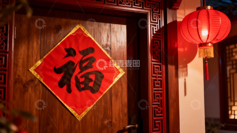 高清大图下载【趣麦麦图】中式门上福字灯笼迎新春