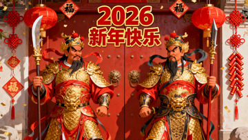新年门神守护红门喜庆场景