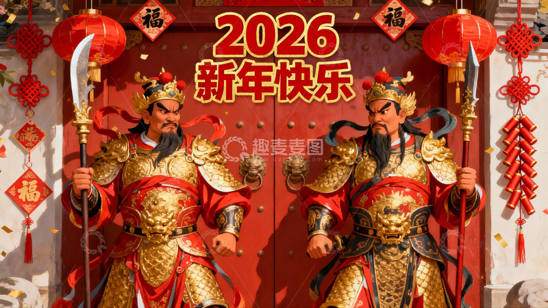 高清大图下载【趣麦麦图】新年门神守护红门喜庆场景