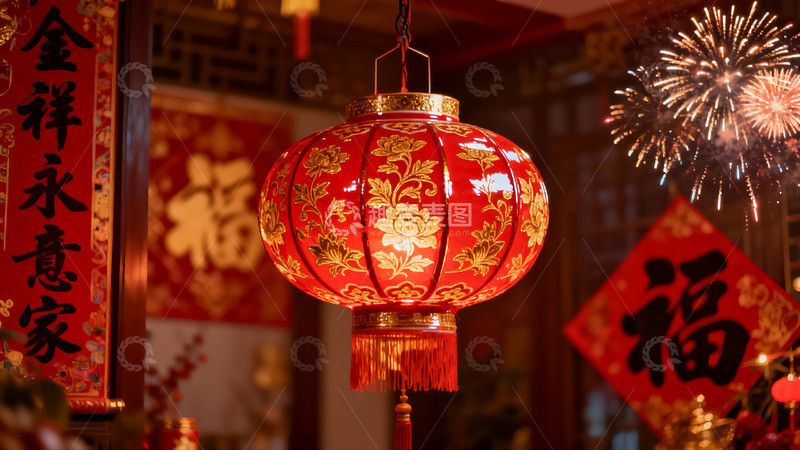 高清大图下载【趣麦麦图】春节灯笼烟花室内场景