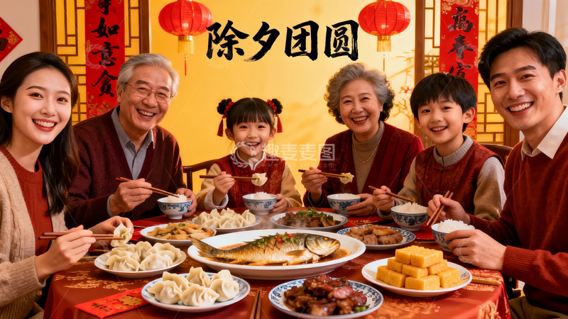 高清大图下载【趣麦麦图】除夕团圆饭家人欢聚一堂