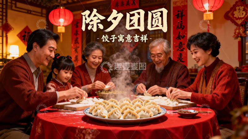 高清大图下载【趣麦麦图】除夕团圆夜包饺子家庭欢聚