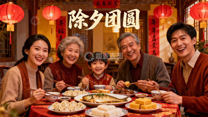 高清大图下载【趣麦麦图】除夕团圆饭家人欢聚一堂