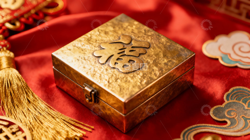 高清大图下载【趣麦麦图】金色福字礼盒红色布景