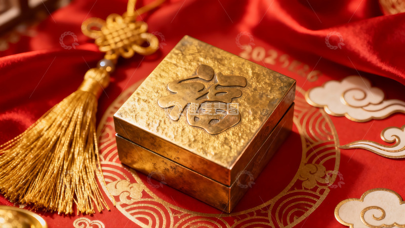 高清大图下载【趣麦麦图】金色福字礼盒配中国结