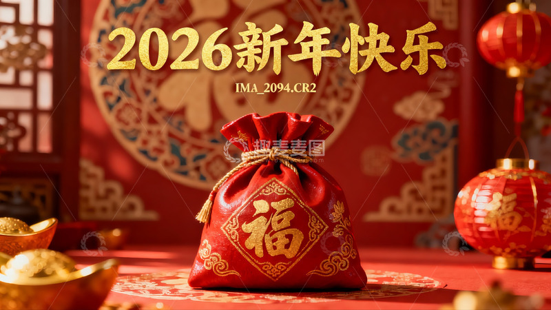 高清大图下载【趣麦麦图】新年红色福袋与灯笼装饰