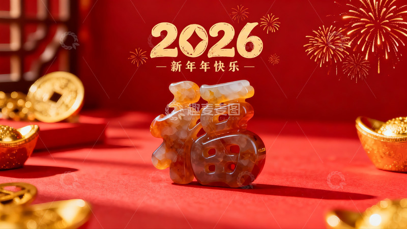 高清大图下载【趣麦麦图】新年福字摆件配烟花装饰