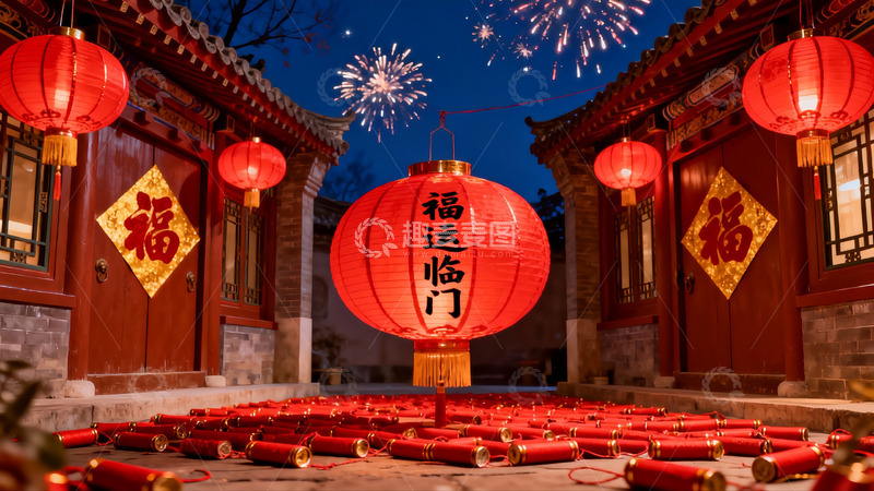 高清大图下载【趣麦麦图】夜景庭院挂红灯笼放烟花