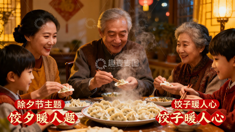 高清大图下载【趣麦麦图】除夕夜家人围坐吃饺子