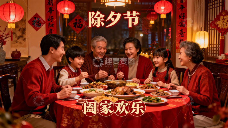 高清大图下载【趣麦麦图】除夕团圆饭家庭欢聚