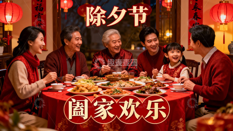 高清大图下载【趣麦麦图】除夕团圆饭家人欢聚一堂