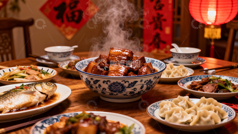高清大图下载【趣麦麦图】中式年夜饭丰盛菜肴热气腾腾