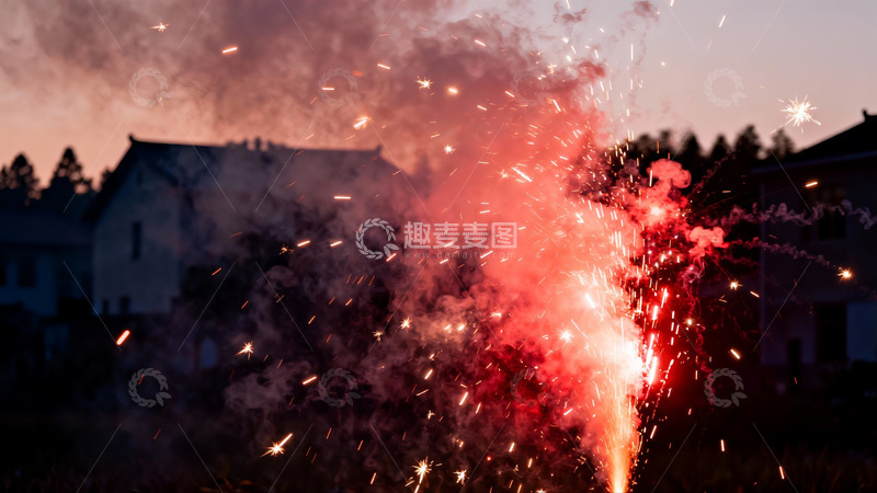 高清大图下载【趣麦麦图】夜空烟花绽放房屋轮廓