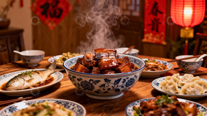高清大图下载【趣麦麦图】热气腾腾的年夜饭餐桌
