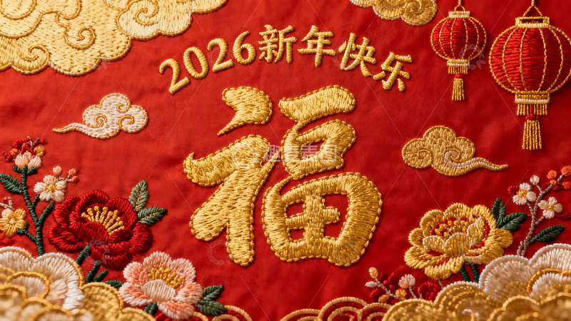 高清大图下载【趣麦麦图】新年刺绣福字红布特写