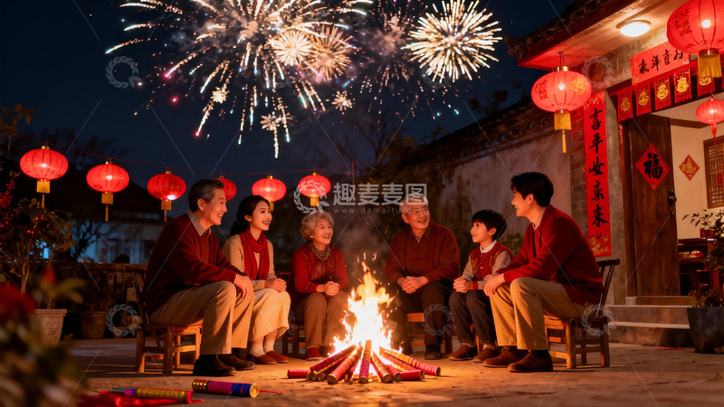 高清大图下载【趣麦麦图】家庭围火看烟花欢庆夜